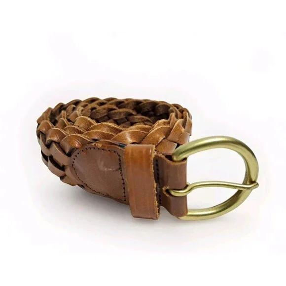 LL BEAN Braided Weaved Brown Leather Belt Solid Brass Buckle F817 32 - Picture 2 of 5